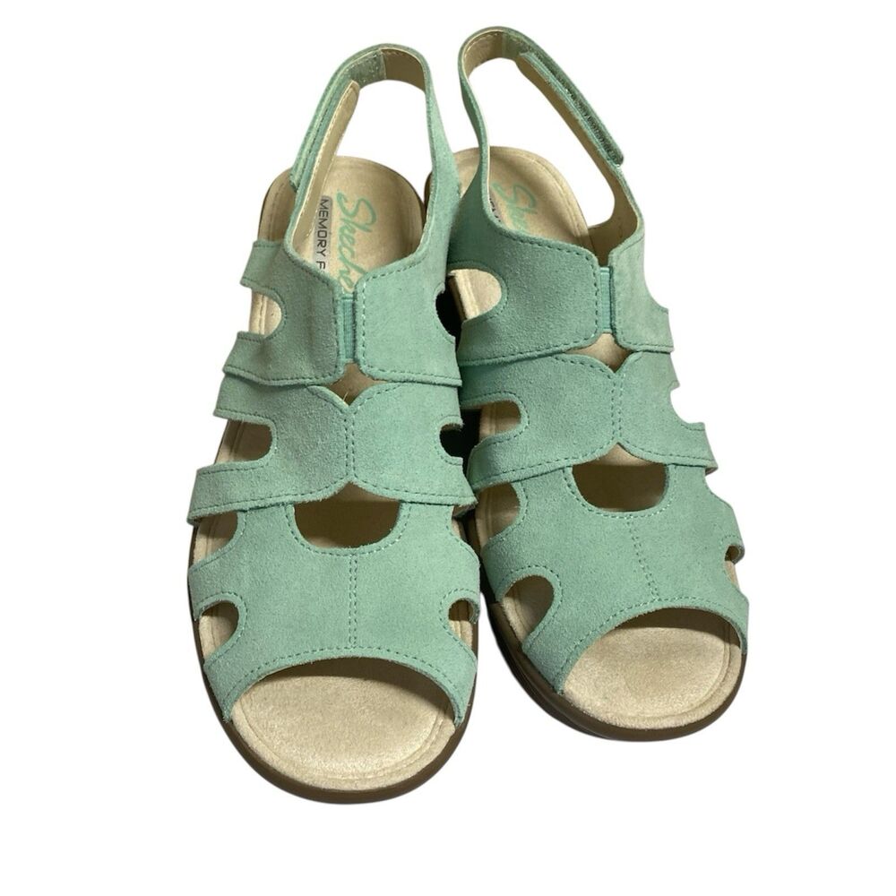 Skechers Memory Foam Women’s Peep Toe Wedge Sandals Mint Green Size 7